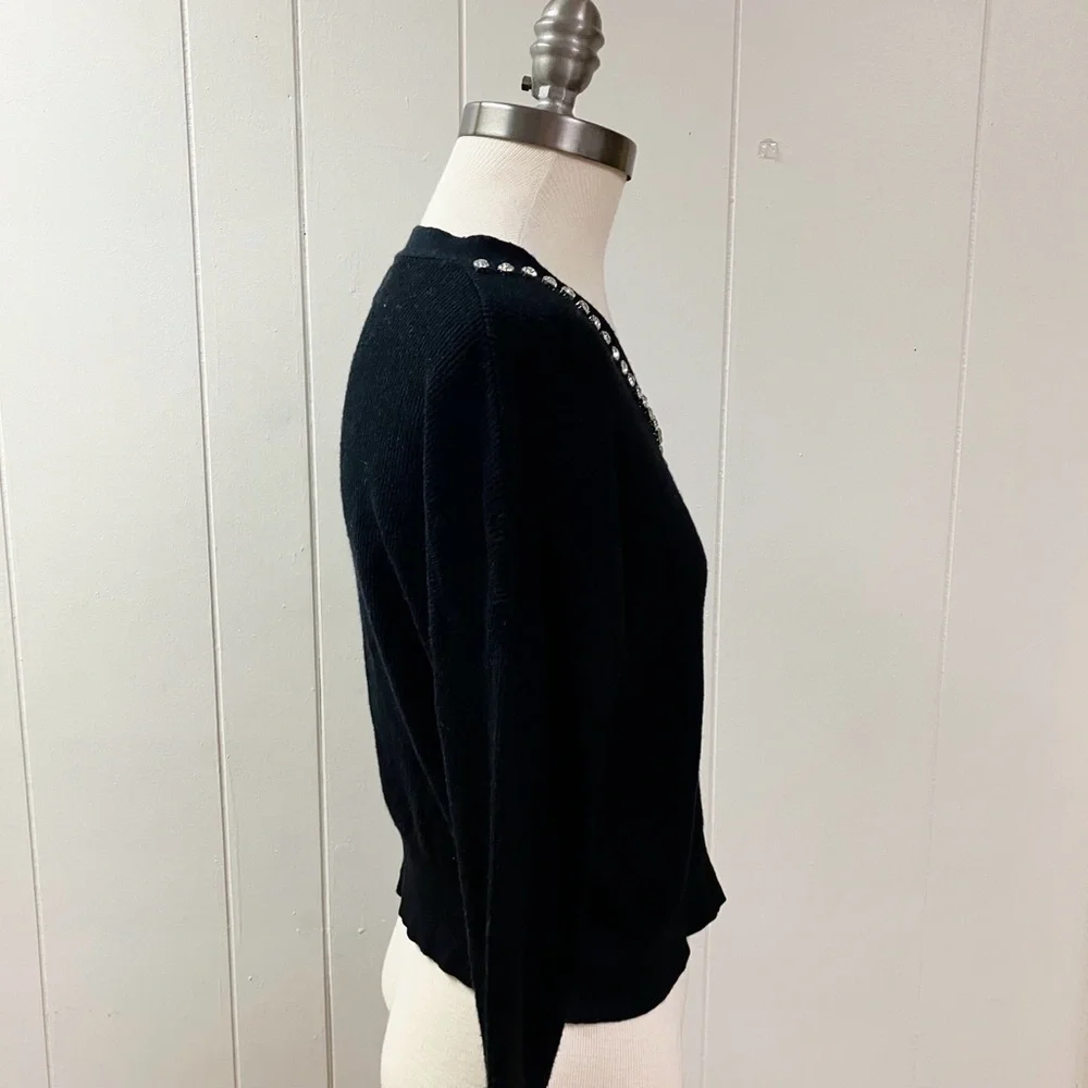 Vtg Y2k Holiday LIV MILANO Rhinestone Ribbed Faux Cardigan Sweater Small Black